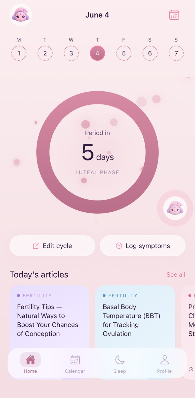 The Luna app home screen showing the cycle ring and the message Period in 5 days.