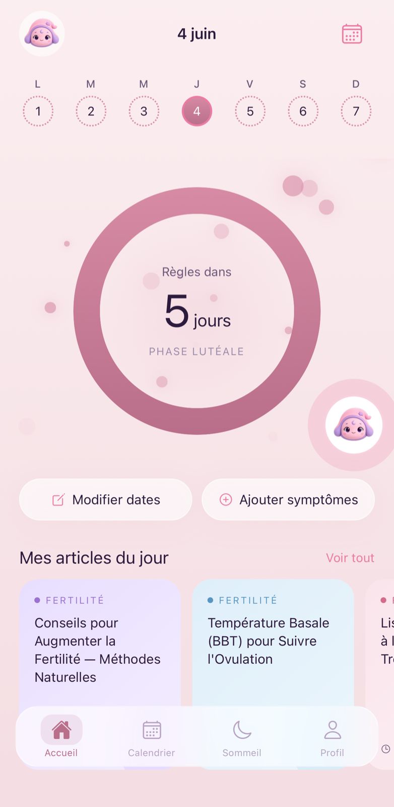 L'écran d'accueil de l'app Luna affichant l'anneau du cycle et le message Règles dans 5 jours.