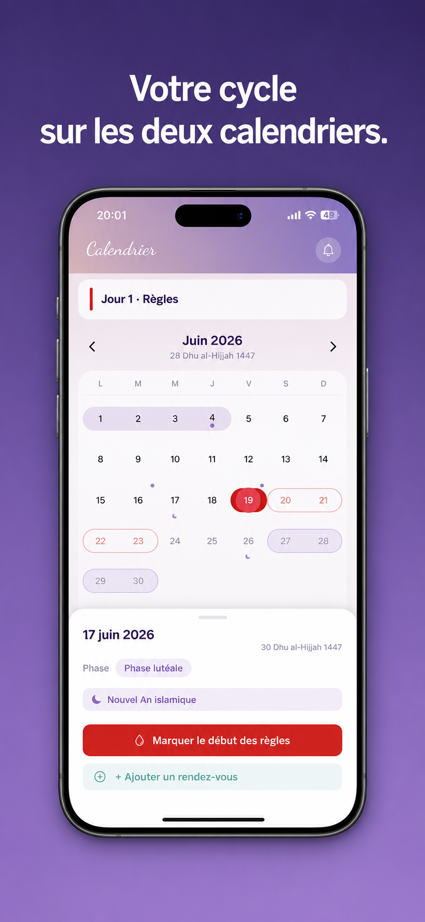 Application Luna — Calendrier