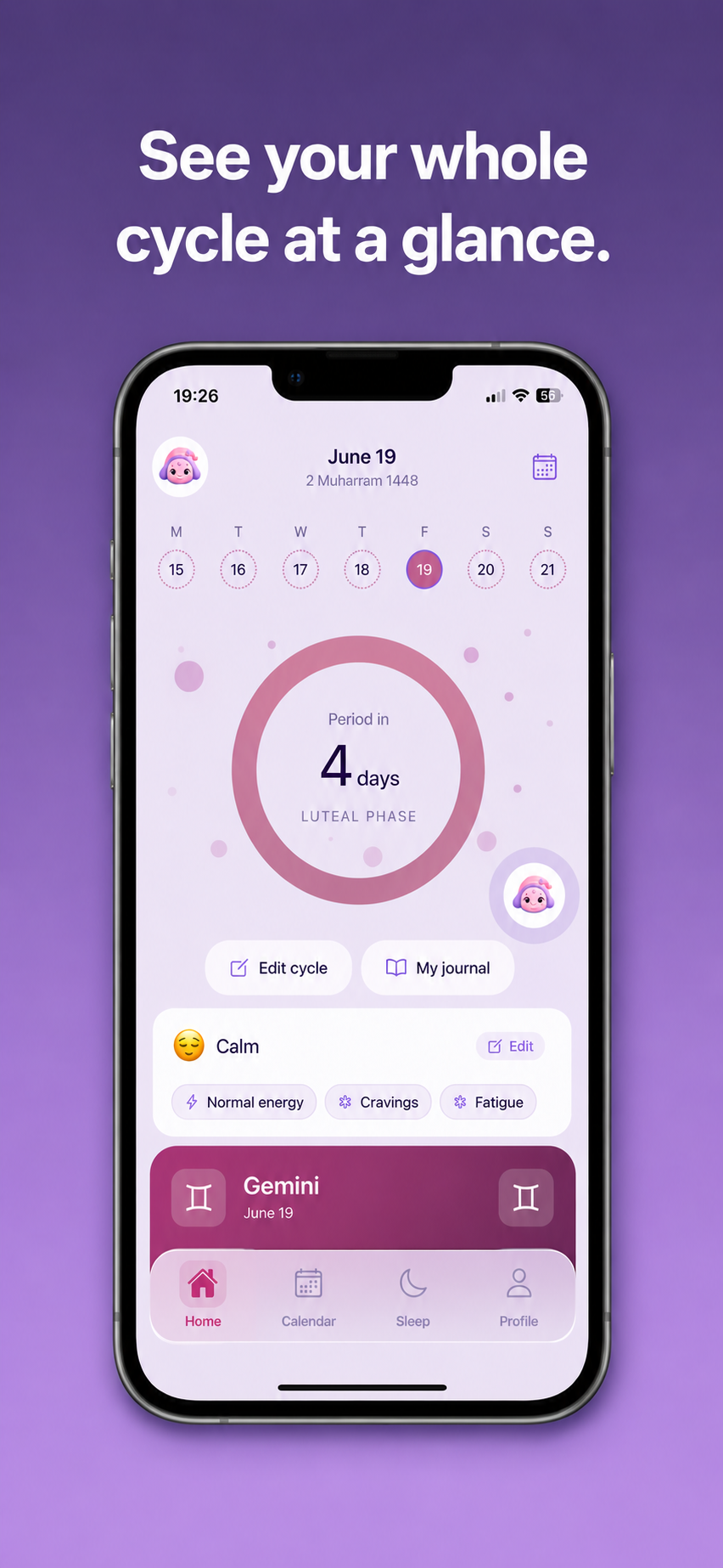 Luna app — Cycle tracking home screen
