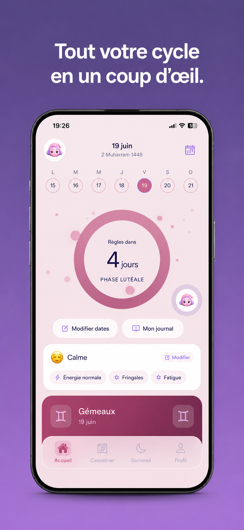Application Luna — Écran de suivi du cycle